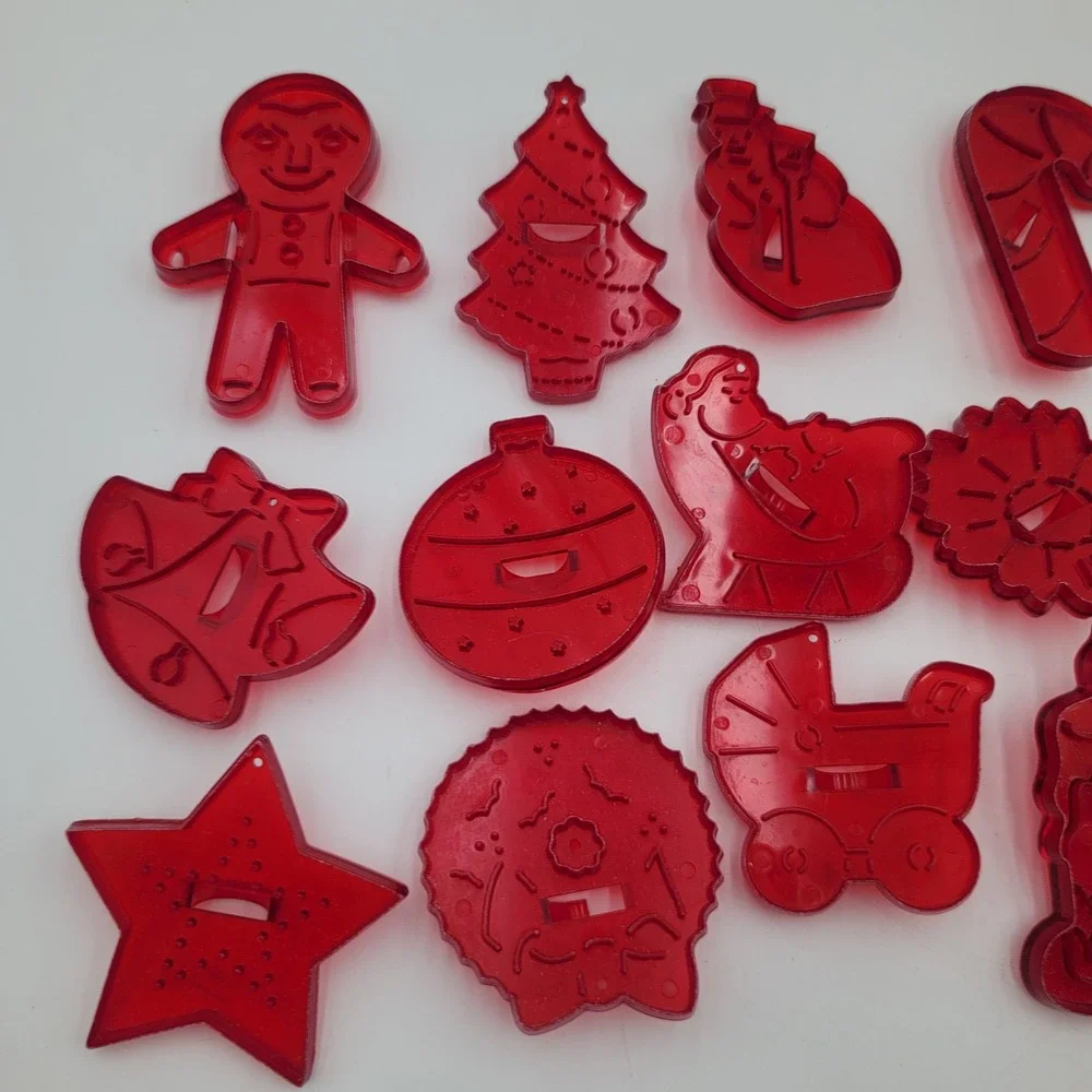 Vintage Red Plastic Christmas Cookie Cutters Set of 17 Holiday Shapes Santa Star